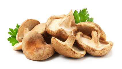 Fototapeta premium Fresh shiitake mushrooms and parsley leaves isolated on white