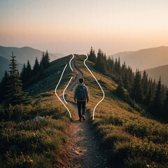 Naklejka premium Back view of lone hiker walking on mountain trail towards glowing sunrise horizon. Person follows winding path through pine forest landscape. Scenic trekking adventure in wilderness during golden