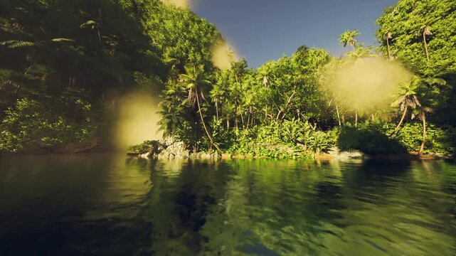 golden shoreline reflection with warm sun highlights, clear shallow water and dense foliage, ideal setting for mindful nature photography and eco tourism