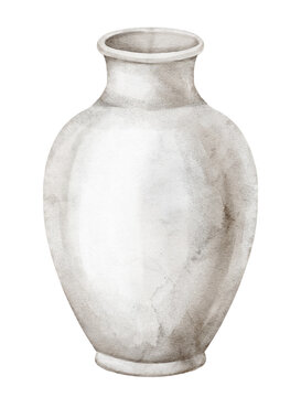 Roman vase watercolor illustration of a simple ancient ceramic pottery vessel isolated on background. Antique Mediterranean clipart with jar for classical, Greek, historical and Roman designs.