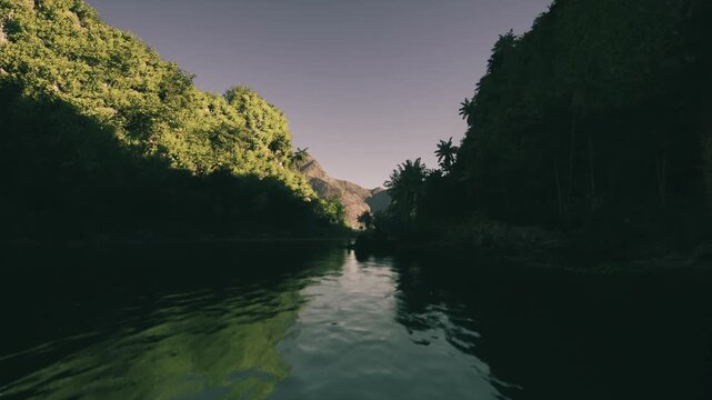 calm twilight channel with distant glow and mirrored banks, cool color palette with subtle warmth at horizon, perfect for ambient backgrounds, meditation apps,