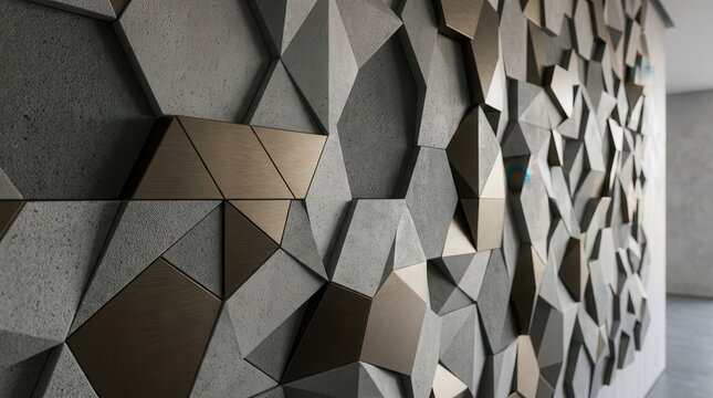 Modern geometric wall panels with concrete and brushed metal textures