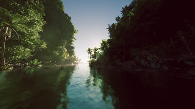 remote inlet at golden hour vibrant greens, gentle current guiding light toward horizon, secluded cove ideal for eco tours, sustainable travel imagery