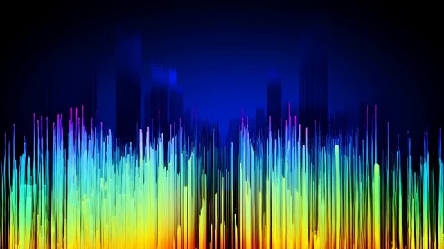 Colorful equalizer bars fluctuate against dark blue abstract digital background