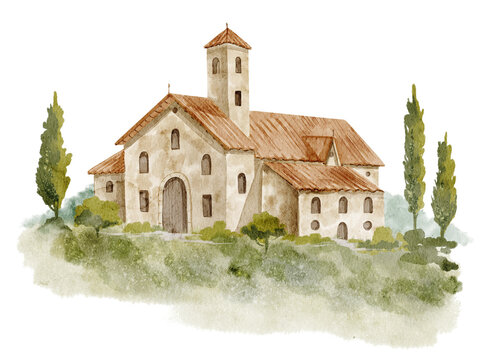 Mediterranean house watercolor illustration with cypress trees and countryside scenery isolated on background. Italian village clipart for Tuscan, rural, travel and landscape designs.