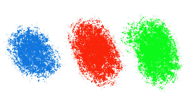 Three distinct colored cell clusters in blue, red, and green grouped together on a plain background.