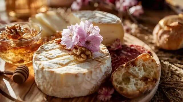 Paris, France, Europe. A closeup shot of a rustic wooden board displaying a variety of cheeses and pastries. The main subject is a round, white cheese with a textured surface.