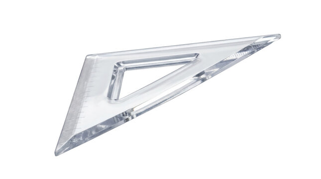 Transparent triangular set square ruler isolated for precise geometry, technical drawing, education, and architectural design