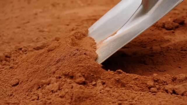 Metal trowel embedded in loose brown soil during closeup garden work