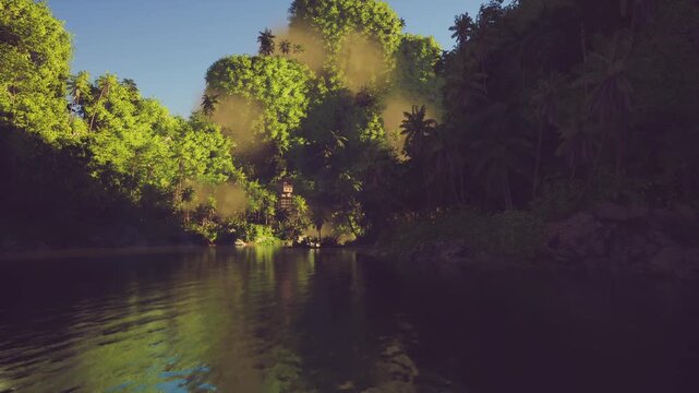 Hidden riverside camping spot with calm reflective water and leafy shelter, perfect for camper or outdoor cook, soft sunlight through trees, private shore