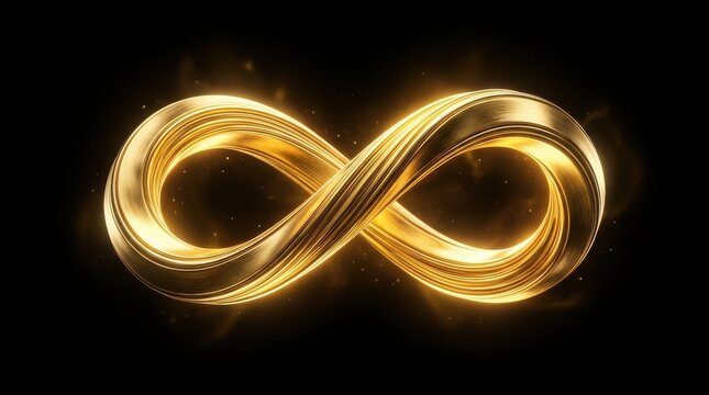 Luxurious golden infinity loop symbol glowing with ethereal light and particles