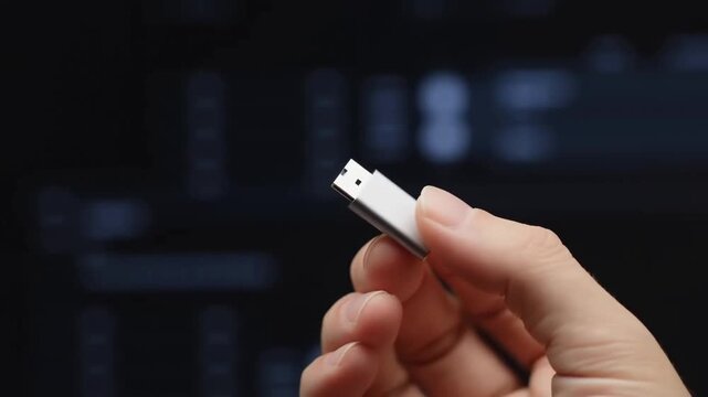 Hand Holding White USB Flash Drive Against Dark Computer Interface Background