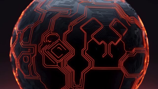 Dark patterned sphere remains still against a dim background with geometric circuit texture