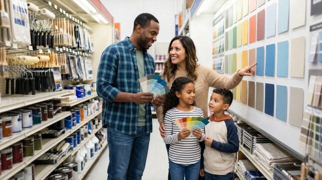 Diverse Family Choosing Paint Colors in Hardware Store, Home Improvement and DIY Renovation Concept