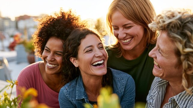 Diverse group of smiling women friends enjoying a happy outdoor gathering at sunset, laughing together, celebrating friendship and genuine connection with joy and community spirit