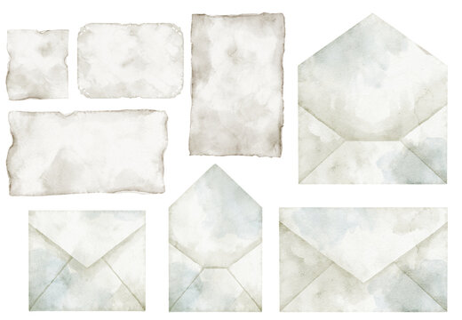 Vintage paper watercolor set. Illustration of sheets and envelopes isolated on background. Decorative stationery elements for journals, scrapbooking and invitations in pastel colors.