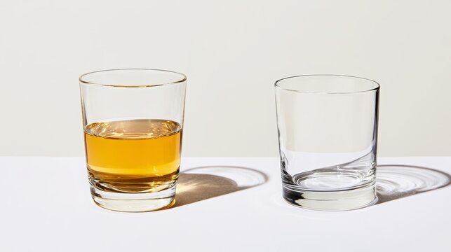 Whiskey glass half full and empty glass standing side by side, symbolizing optimism versus pessimism concepts and contrasting perspectives on life