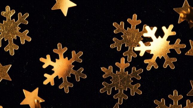 Golden snowflake and star confetti scattered on a dark background