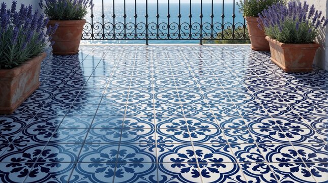 Blue, white patterned ceramic tiles cover sunny terrace overlooking ocean. Potted lavender plants sit near decorative metal balustrade, creating Mediterranean ambiance. Scene suggests relaxation,