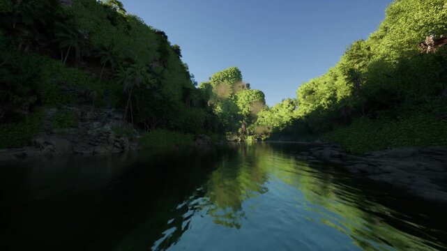 remote river delta vista with broad reflective channel and surrounding green ridges, crisp midday light, ideal for expedition imagery, ecological survey