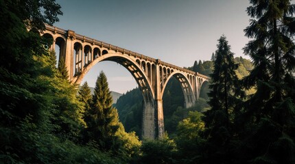 Fototapeta premium Old concrete viaduct bridge spans green forested valley under warm sun. Historic arched structure connects mountain landscape. Journey over rural terrain.