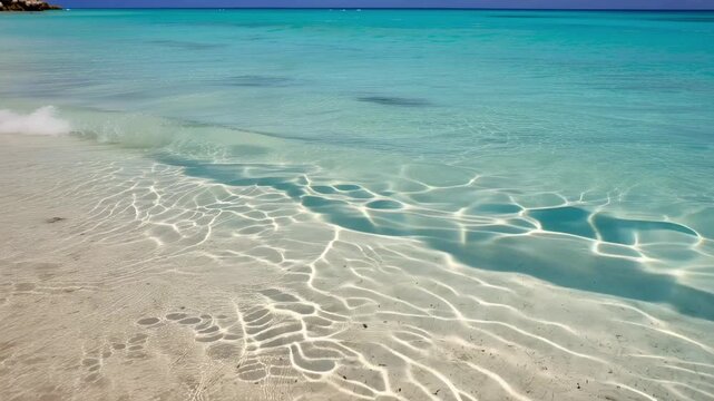 Slow tracking shot of shallow turquoise sea lapping and rippling over white sandy shore with sunlit reflections, tropical coastal lagoon at calm midday, summer mood