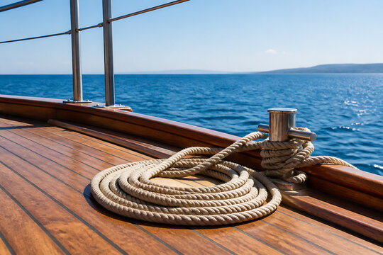 A coiled rope rests on a wooden deck overlooking the vast blue ocean under a clear sky.