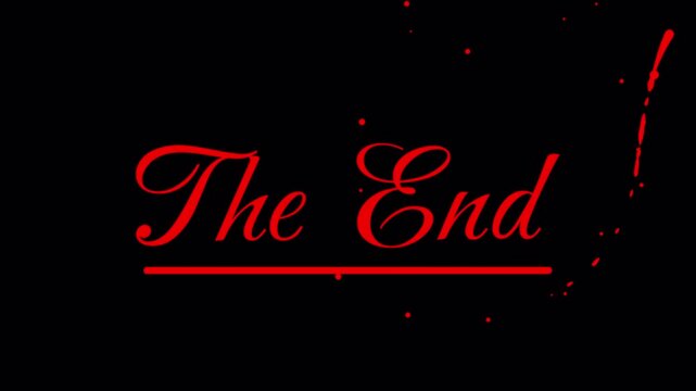 Red The End text animation with cursive font and particles on black background for cinematic movie endings and vfx projects with alpha channel transparency