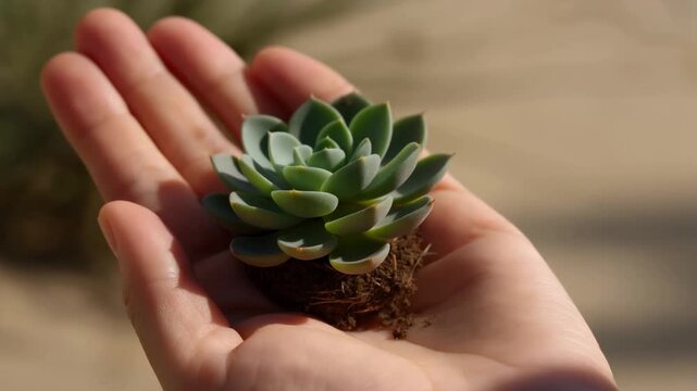 Hand holding a small succulent plant with exposed soil against a blurred warm background