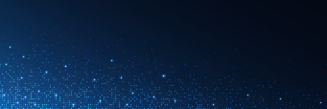 Technology digital background with glowing blue pixels. Abstract data network with futuristic particle wave. Tech design for web, presentation, poster or banner. Vector Illustration.