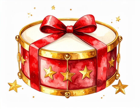 Watercolor vintage red toy drum, gold stars decoration, big red ribbon bow, white background. Festive winter holiday children gift vector illustration design.