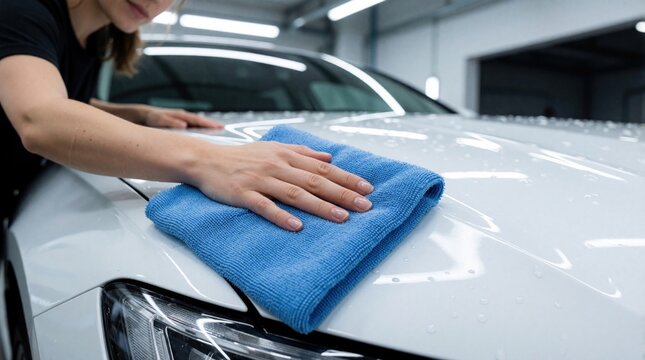 Woman hand polishes white car hood with blue microfiber cloth in auto service shop. Close-up view, detailed work, shiny vehicle finish. Water droplets on clean car surface, professional auto care.