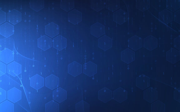 Technology abstract background. Blue digital waves with binary code. Hexagon shapes and glowing network lines. Futuristic design for cybersecurity, business or technology concept. Vector Illustration.