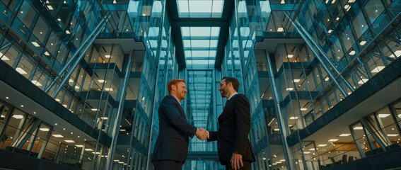 Fototapeta premium Business executives shake hands in modern office atrium, symbolizing partnership, trust, agreement, success, and cooperation.