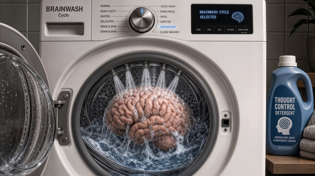 Human brain inside washing machine with brainwash cycle selected. Surreal concept of thought control and psychological manipulation.