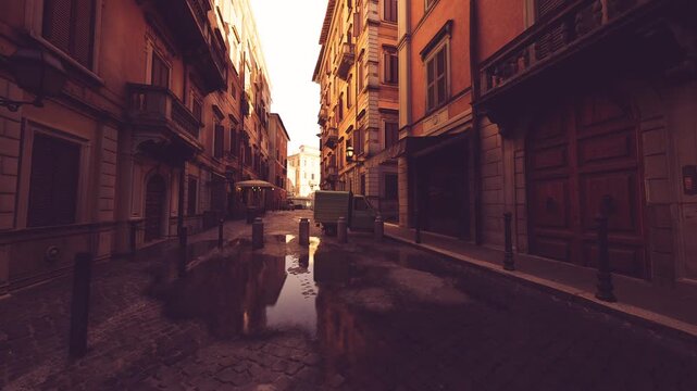 twilight cobblestone street with parked delivery van and wet reflections, commercial morning or evening pause outside closed shops, practical urban logistics