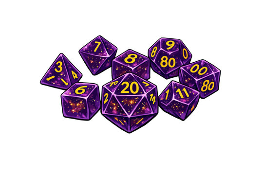 Fantasy RPG Galaxy Dice Set, Purple Polyhedral Game Icons, Isolated
