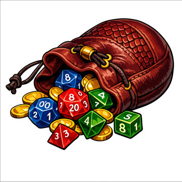 Fantasy RPG Game Icon of Leather Pouch with Colorful Polyhedral Dice and Gold Coins Isolated on White