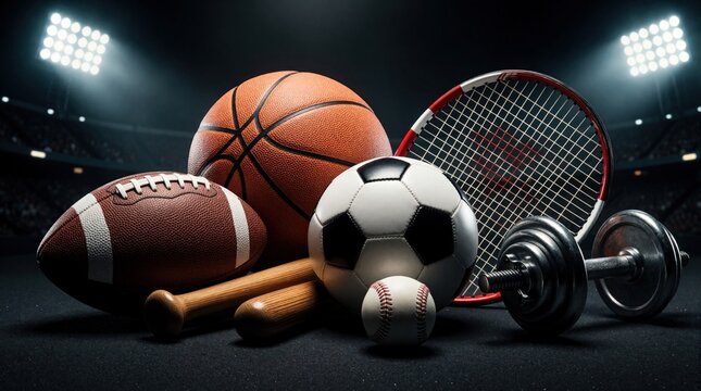 Brown football with white laces sits on dark surface surrounded by orange basketball, black-and-white soccer ball, white-and-red tennis racket, silver dumbbells, wooden baseball bats, black-and-white