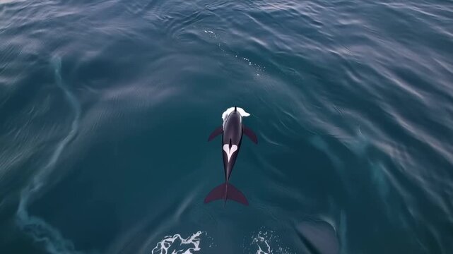Aerial tracking shot of dolphin pod swimming and surfacing in open ocean waters during calm overcast daytime, slow motion top down view of marine movement
