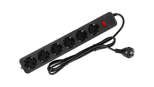 Black 6-outlet power strip with surge protection switch isolated on white background