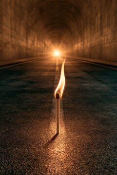 A single lit match cutting through a dark tunnel, symbolizing resilience, hope in despair, and the small spark that lights the way out of darkness