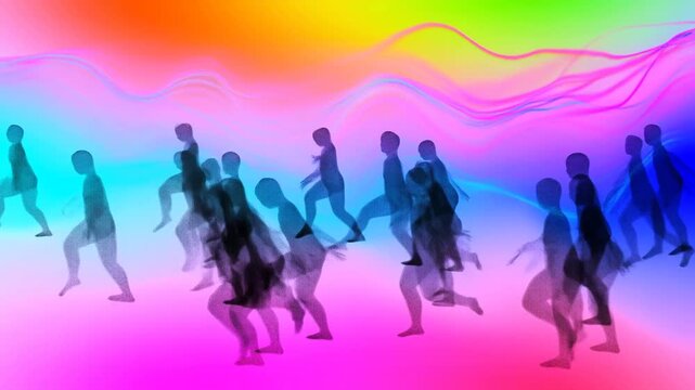 Human silhouettes walking across colorful abstract background in a flowing group formation
