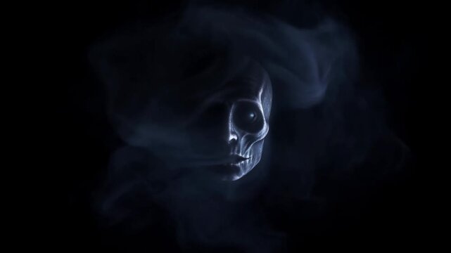 Skull Emerging from Blue Smoke in Darkness with Still Centered Composition
