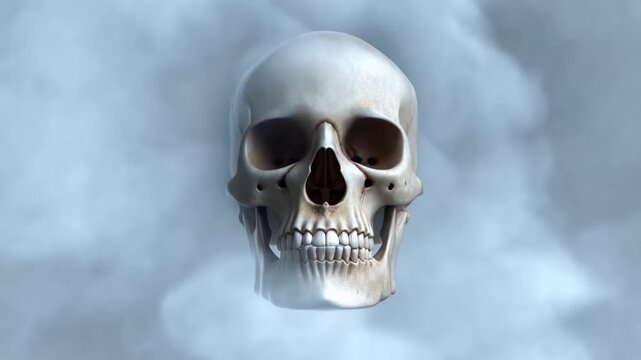 Human skull suspended in blue mist with open jaw and frontal symmetrical view