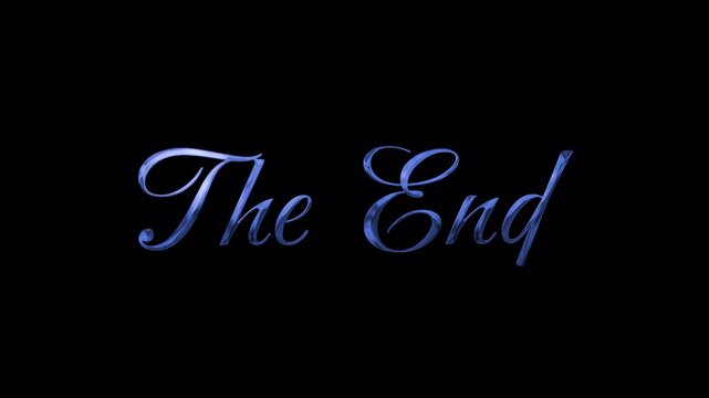 Elegant Blue Metallic Cursive The End Text Appearing with Fluid Liquid Animation on Black Background for Cinematic Video Outro and VFX Compositing