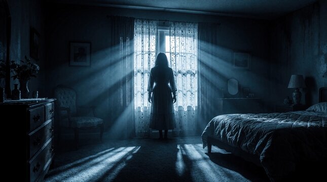 Spooky woman silhouette stands by window in dark bedroom. Moonlight streams through lace curtains creating eerie shadows. Ghostly female figure haunts old room with bed, vintage furniture. Paranormal