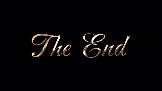 Elegant gold 3D cursive text animation saying The End on a black background for movie credits and video endings with vfx alpha channel transparency