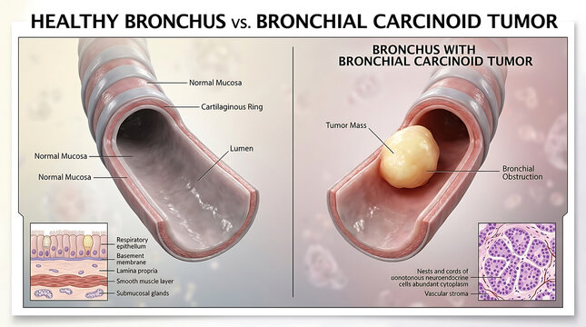 Healthy Bronchus Versus Bronchial Carcinoid Tumor Nodular Mass and Chromogranin Positivity