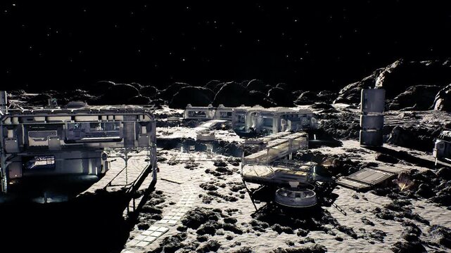 moon base solar field under black sky showing rows of panels and power plant, energy conduits and battery modules visible, engineer drone inspection implied,
